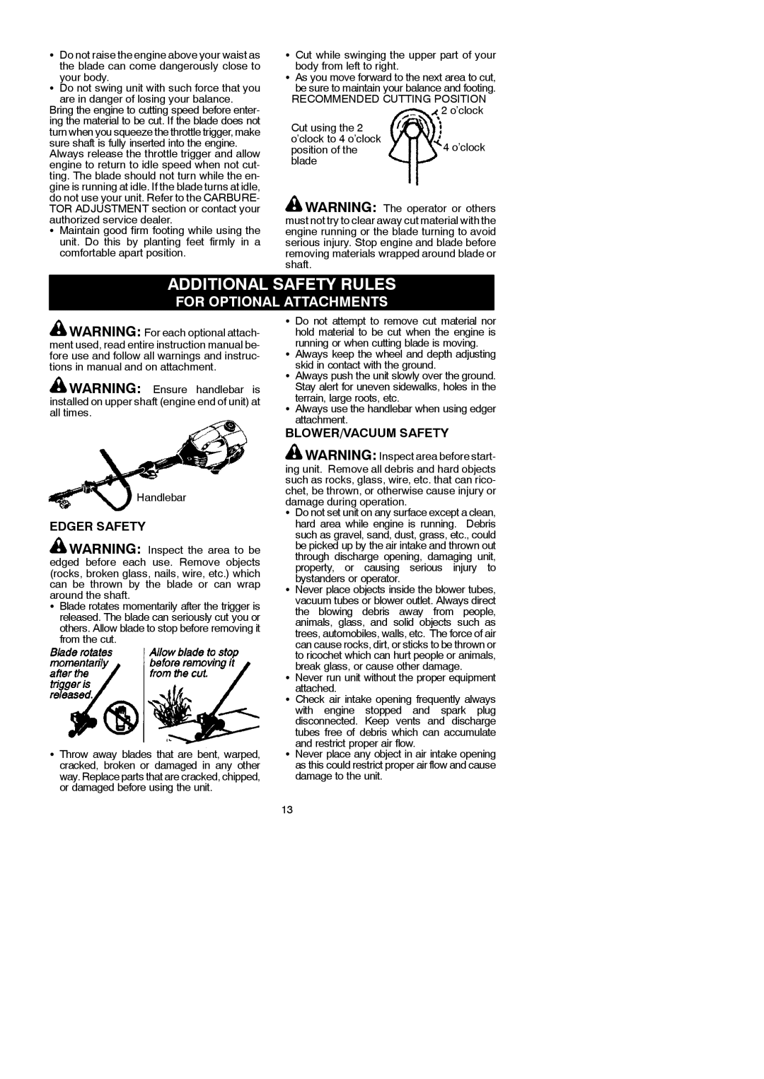 Partner Tech T330+ Additional Safety Rules, Edger Safety, BLOWER/VACUUM Safety, Recommended Cutting Position 