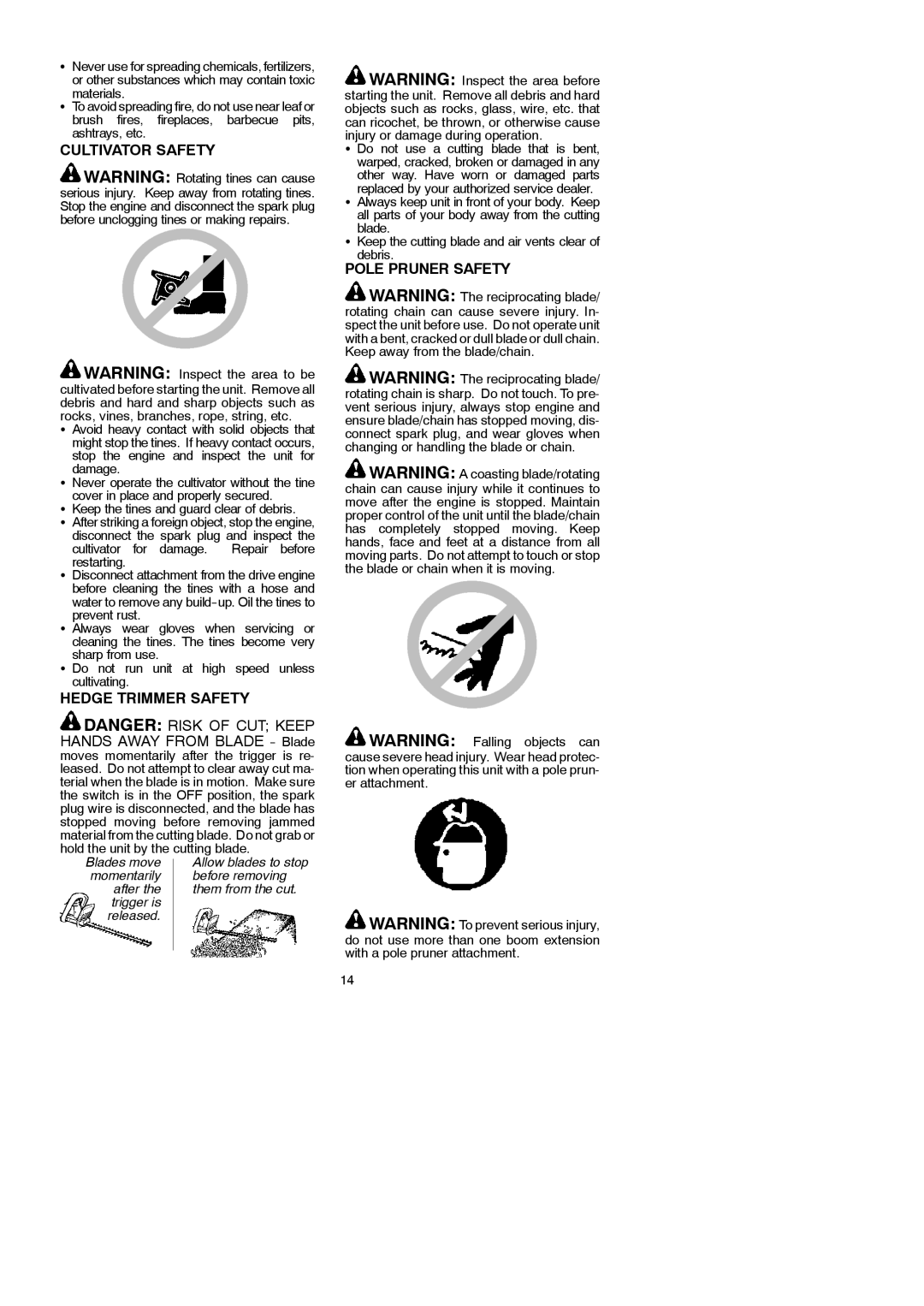 Partner Tech T330+ instruction manual Cultivator Safety, Hedge Trimmer Safety, Pole Pruner Safety 