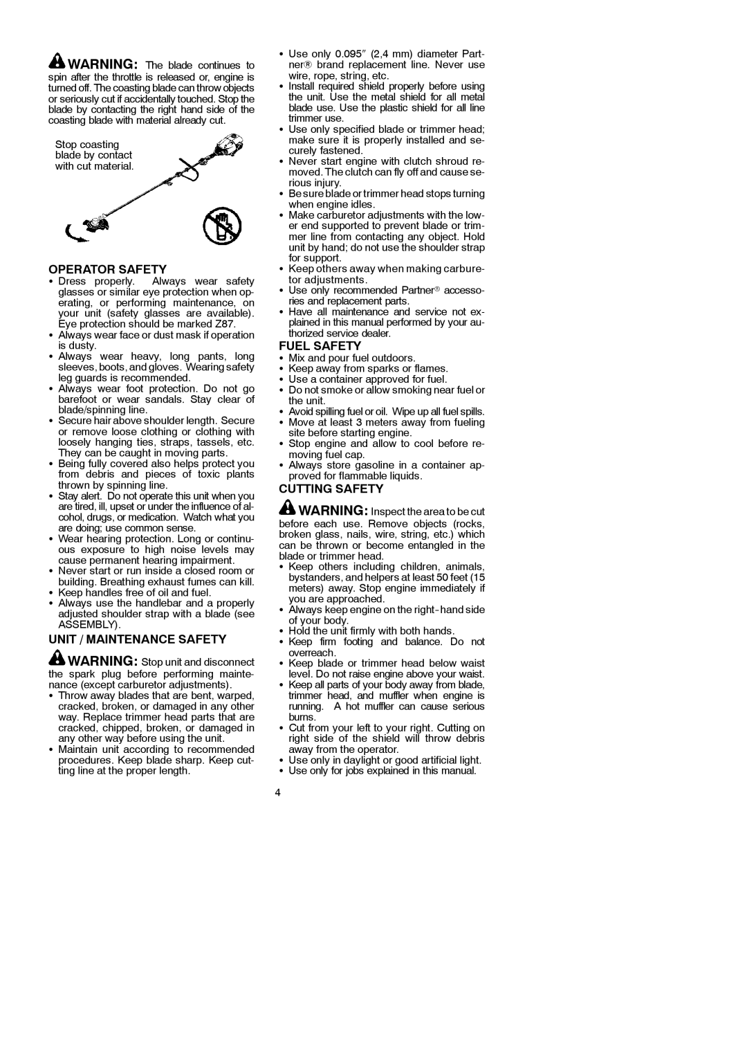 Partner Tech T330+ instruction manual Operator Safety, Unit / Maintenance Safety, Fuel Safety, Cutting Safety 