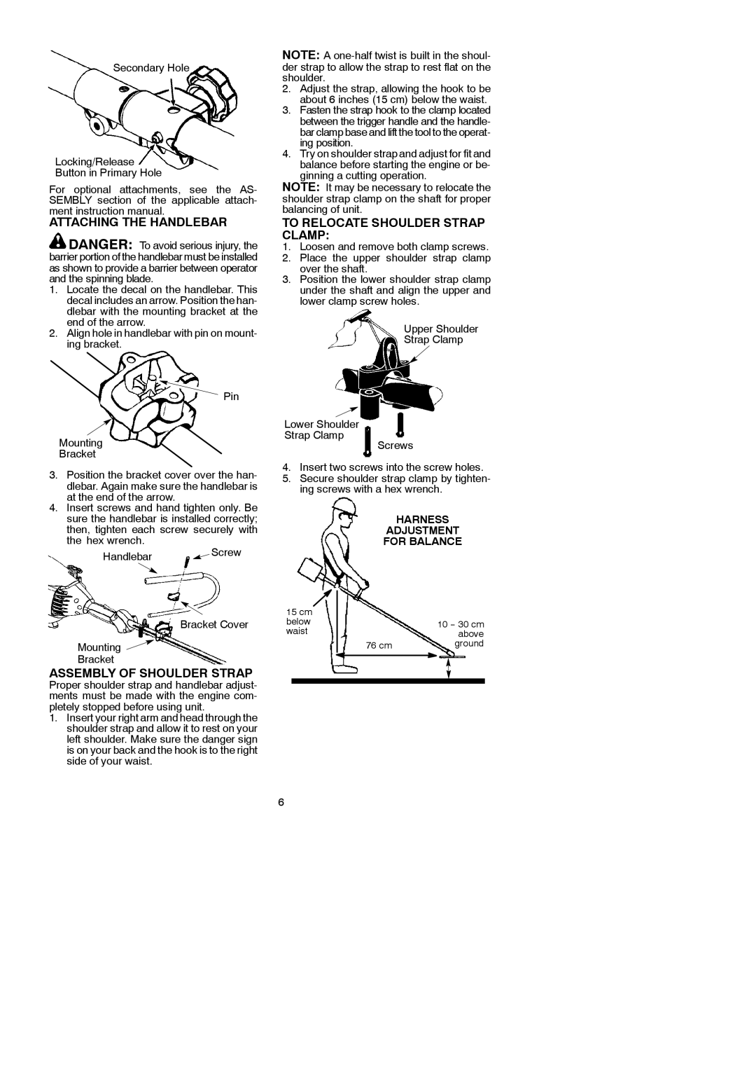 Partner Tech T330+ instruction manual Attaching the Handlebar, To Relocate Shoulder Strap Clamp, Assembly of Shoulder Strap 