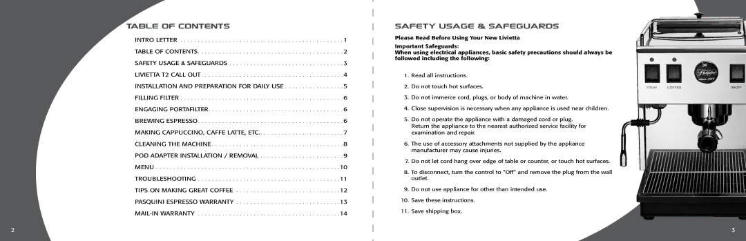 Pasquini Espresso Company GK2-C, HMLVS-SET, GH-LUX manual Table of Contents, Safety Usage & Safeguards 