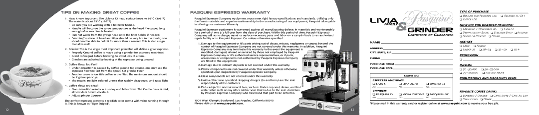 Pasquini Espresso Company HMLVS-SET, GH-LUX, GK2-C manual Tips on Making Great Coffee, Pasquini Espresso Warranty 