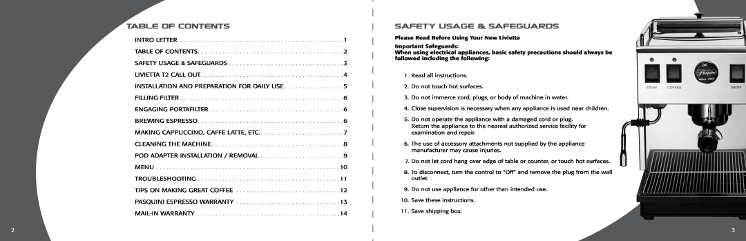 Pasquini Espresso Company GK2-C Table Of Contents, Safety Usage & Safeguards, Pasquini Espresso warranty, Mail-in warranty 