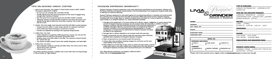 Pasquini Espresso Company HMLVS-SET manual Tips ON Making Great Coffee, Pasquini Espresso Warranty, LIVIA family&Grinder 