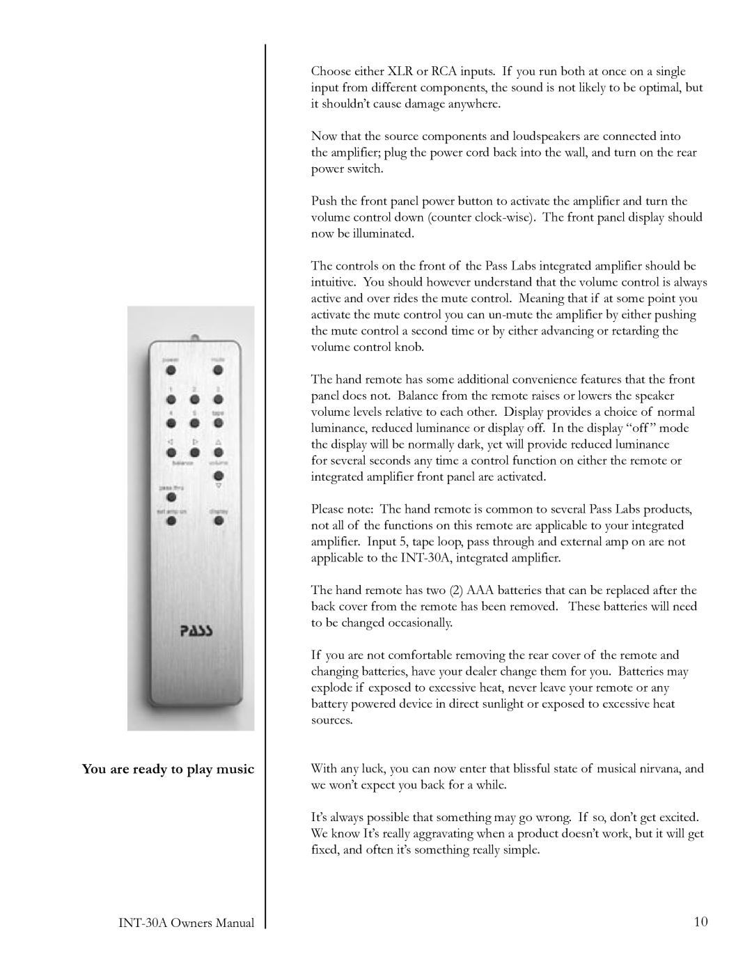 Pass Labs 1INT-30A owner manual You are ready to play music 