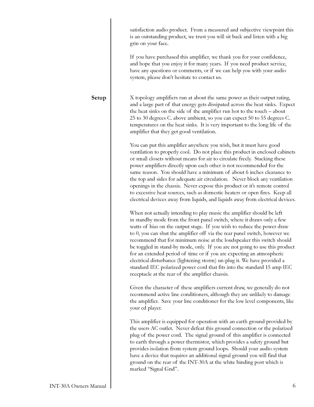 Pass Labs 1INT-30A owner manual Setup 