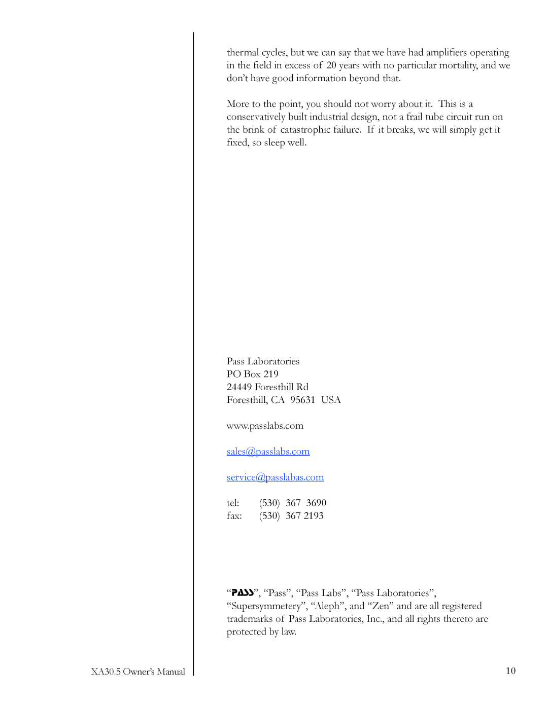 Pass Labs 5XA30.5, Amplifier owner manual Sales@passlabs.com Service@passlabas.com 