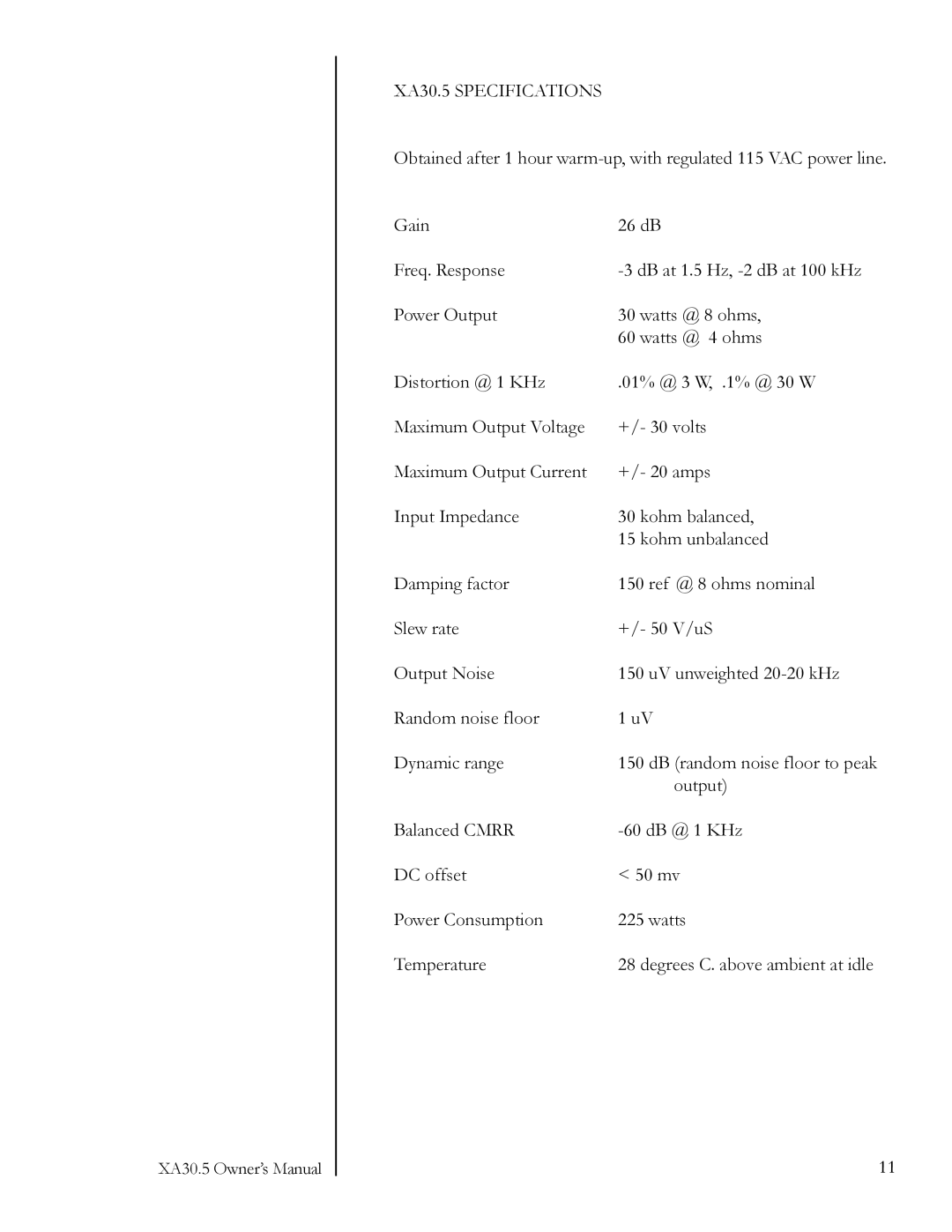 Pass Labs Amplifier, 5XA30.5 owner manual XA30.5 Specifications 