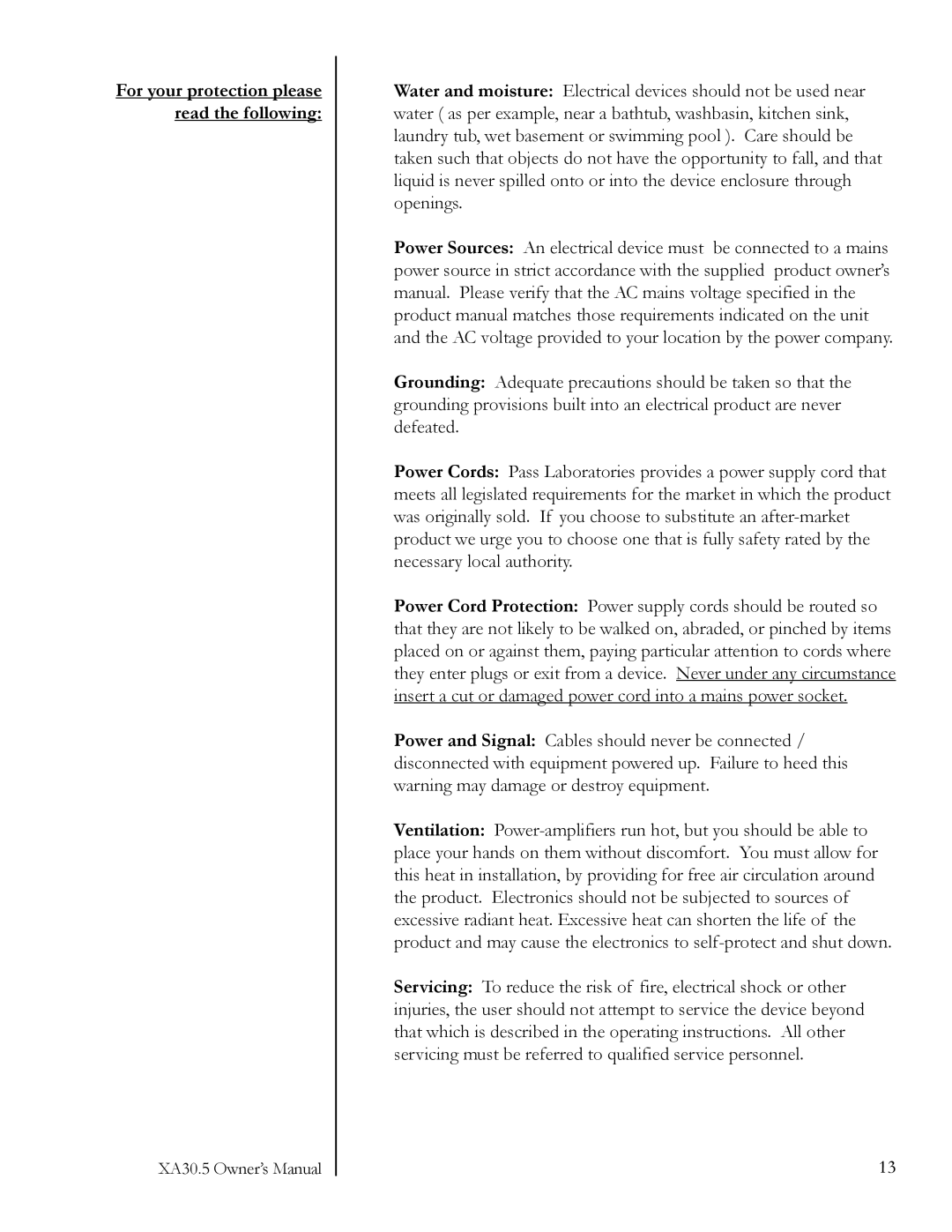 Pass Labs Amplifier, 5XA30.5 owner manual For your protection please, Read the following 