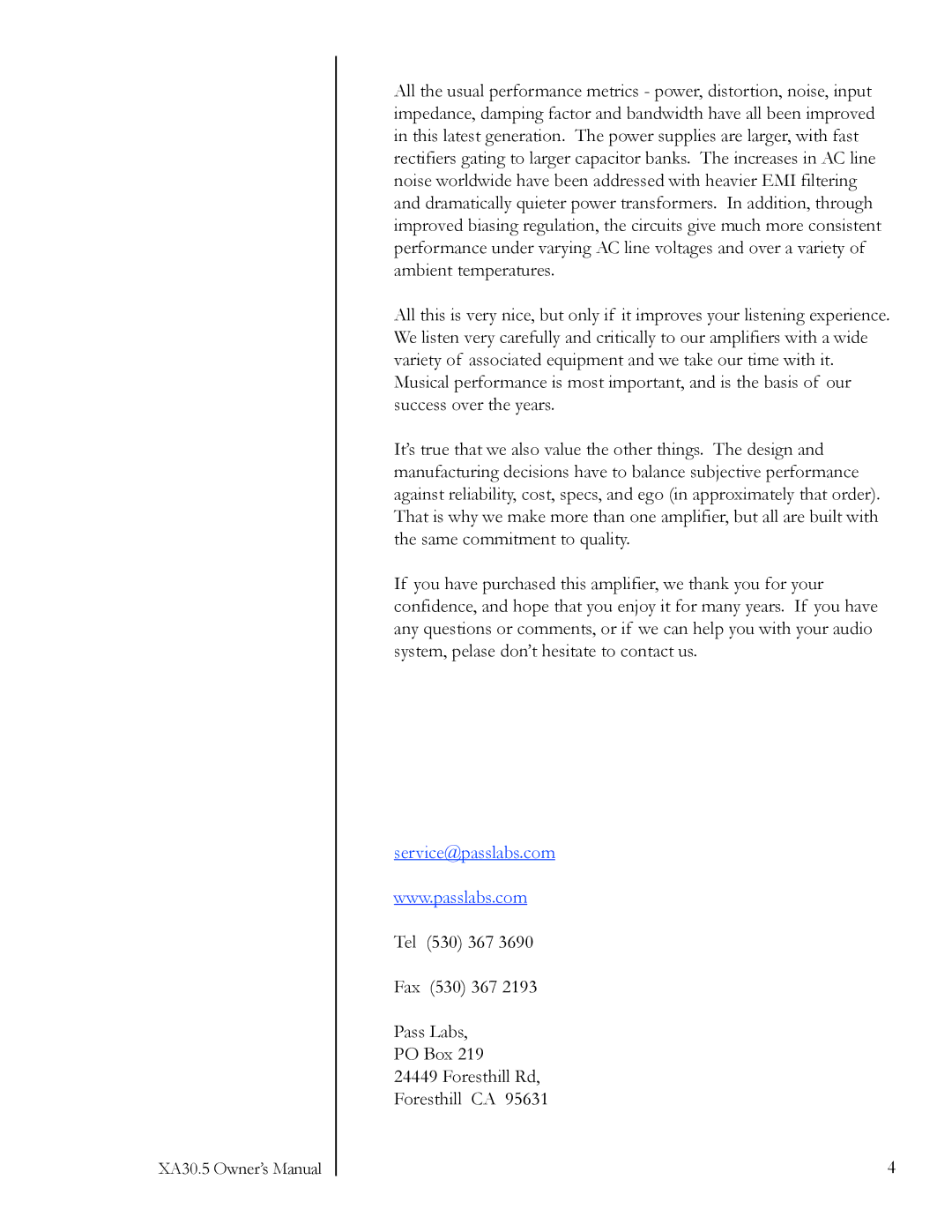 Pass Labs 5XA30.5, Amplifier owner manual Service@passlabs.com 