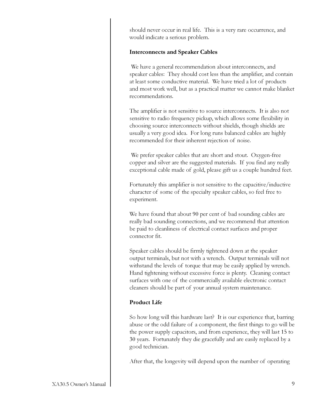 Pass Labs Amplifier, 5XA30.5 owner manual Interconnects and Speaker Cables, Product Life 