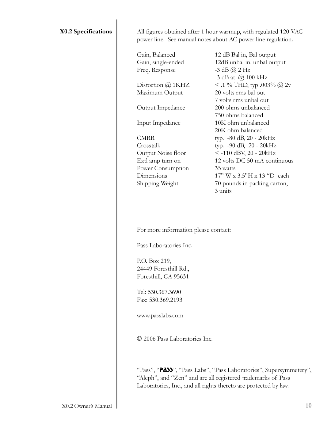 Pass Labs pre-amplifier owner manual X0.2 Specifications, Cmrr 