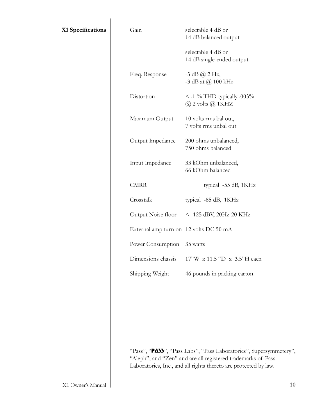 Pass Labs owner manual X1 Specifications, Cmrr 