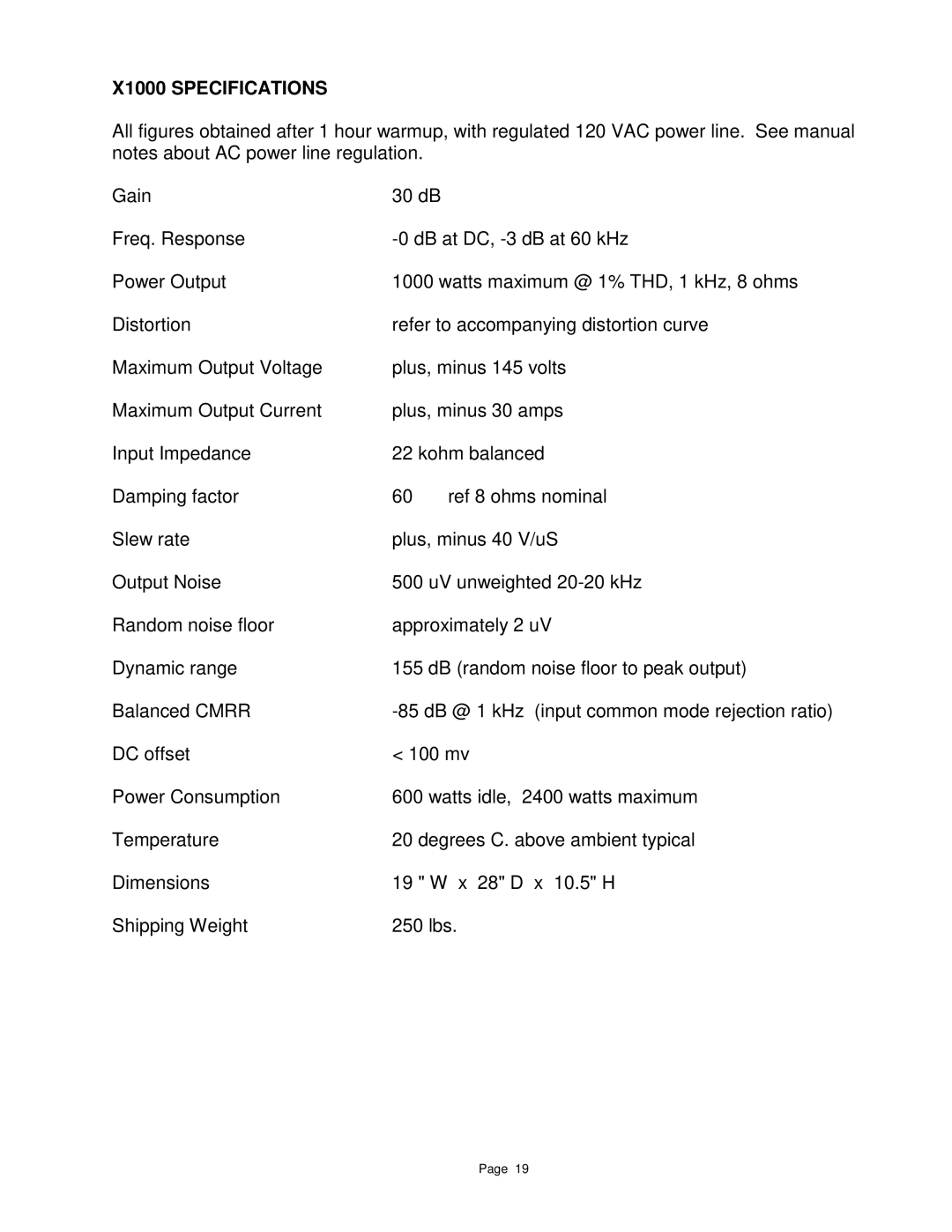 Pass Labs X350, X600 owner manual X1000 Specifications 