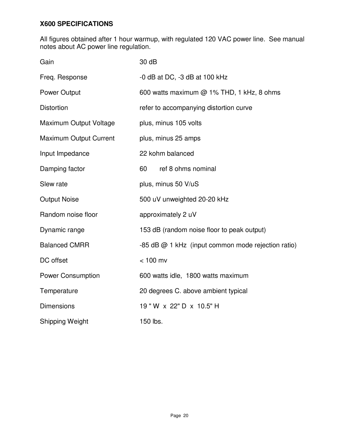 Pass Labs X1000, X350 owner manual X600 Specifications 