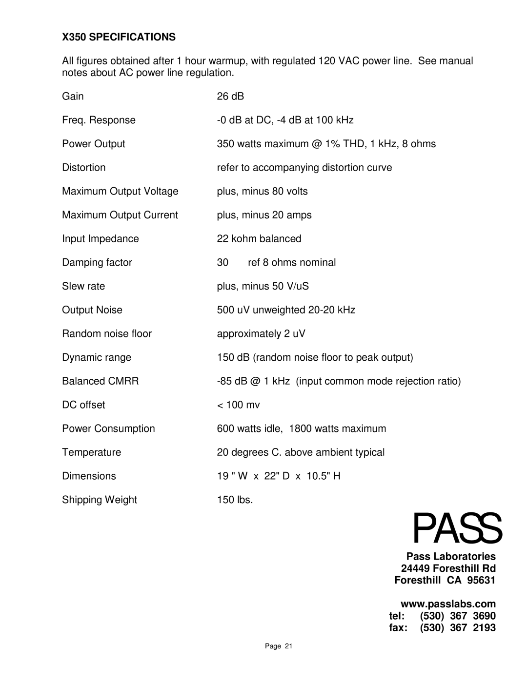 Pass Labs X1000, X350, X600 owner manual Pass 