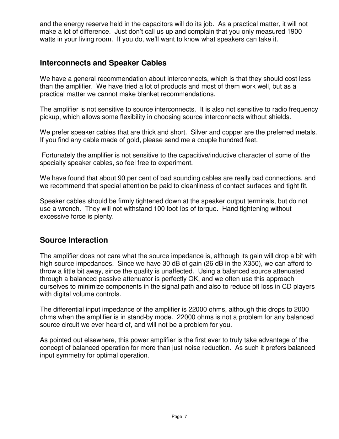 Pass Labs X350, X1000, X600 owner manual Interconnects and Speaker Cables, Source Interaction 