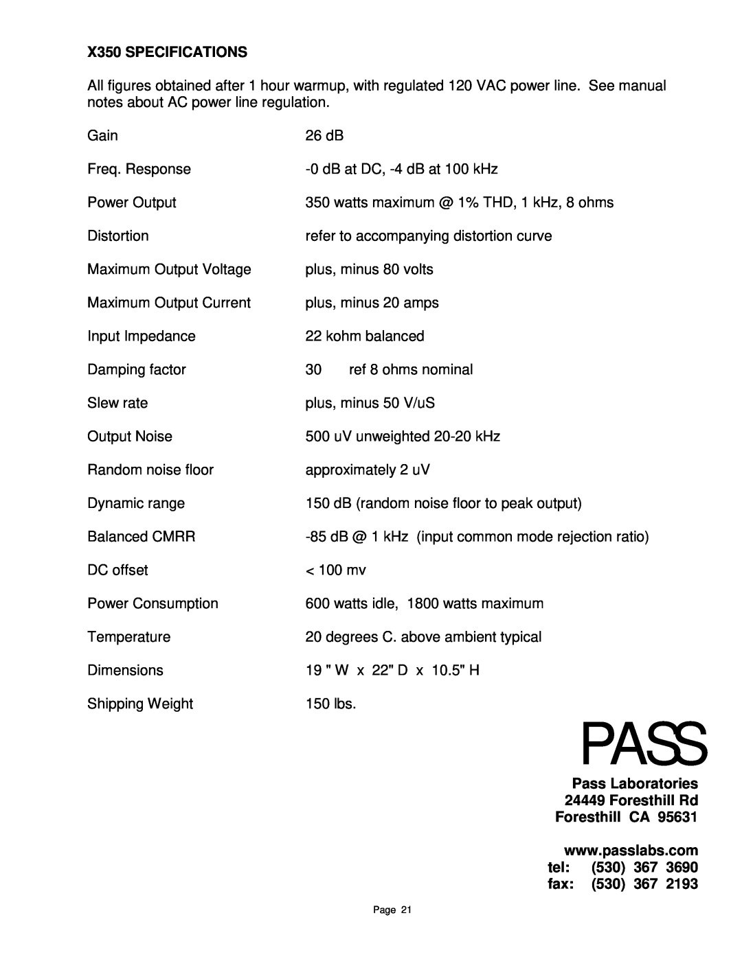 Pass Labs X1000, X350, X600 owner manual Pass 