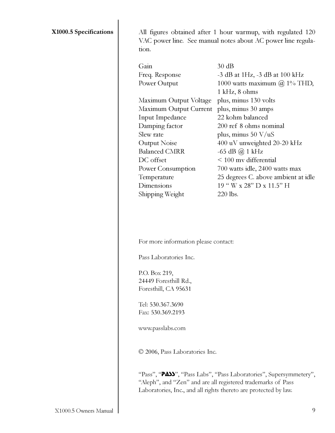 Pass Labs owner manual X1000.5 Specifications 