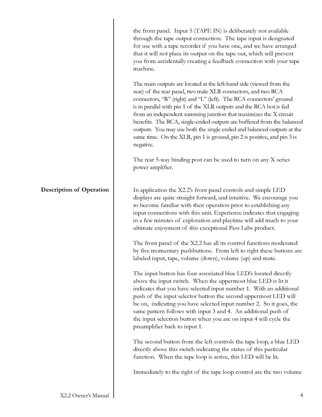 Pass Labs X2.2 owner manual Description of Operation 