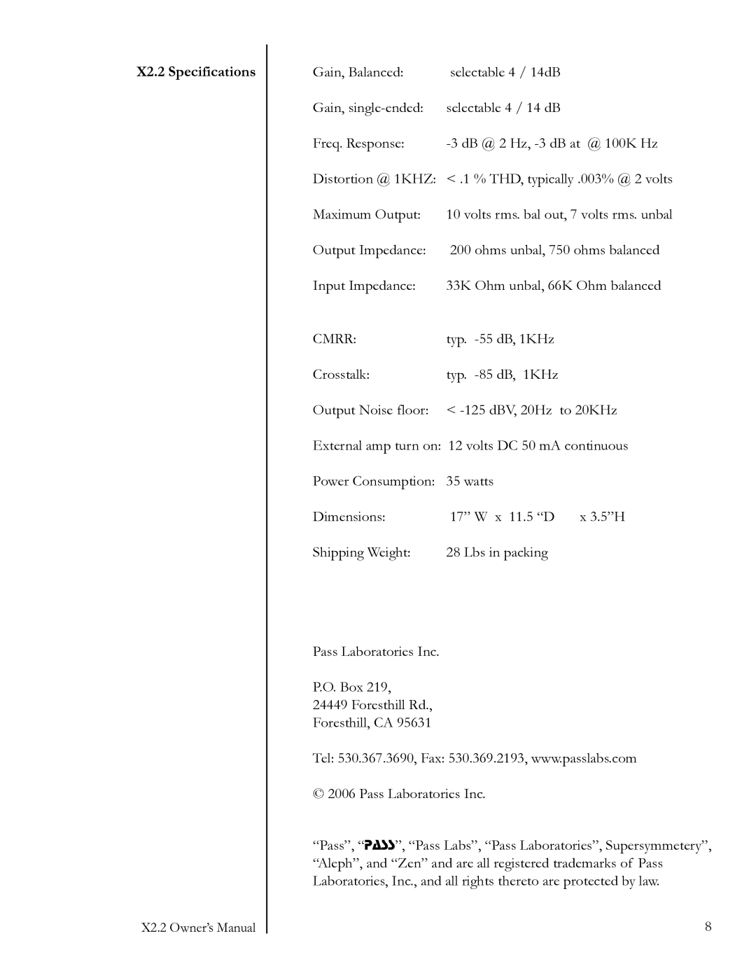 Pass Labs owner manual X2.2 Specifications, Cmrr 