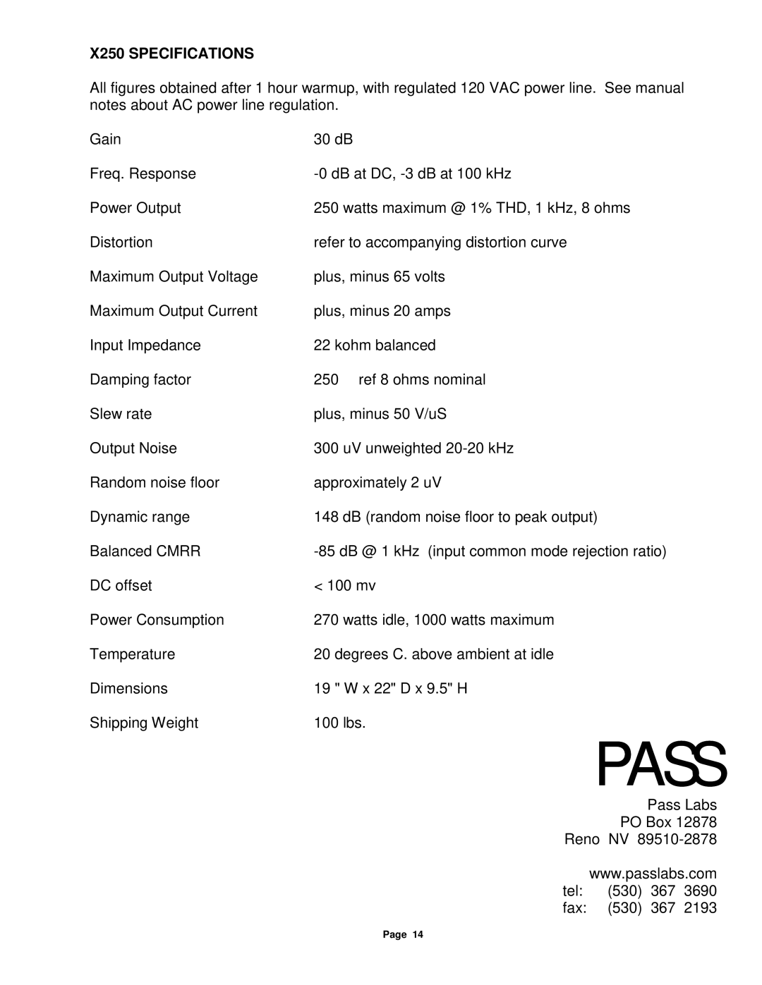 Pass Labs X250 owner manual Pass 