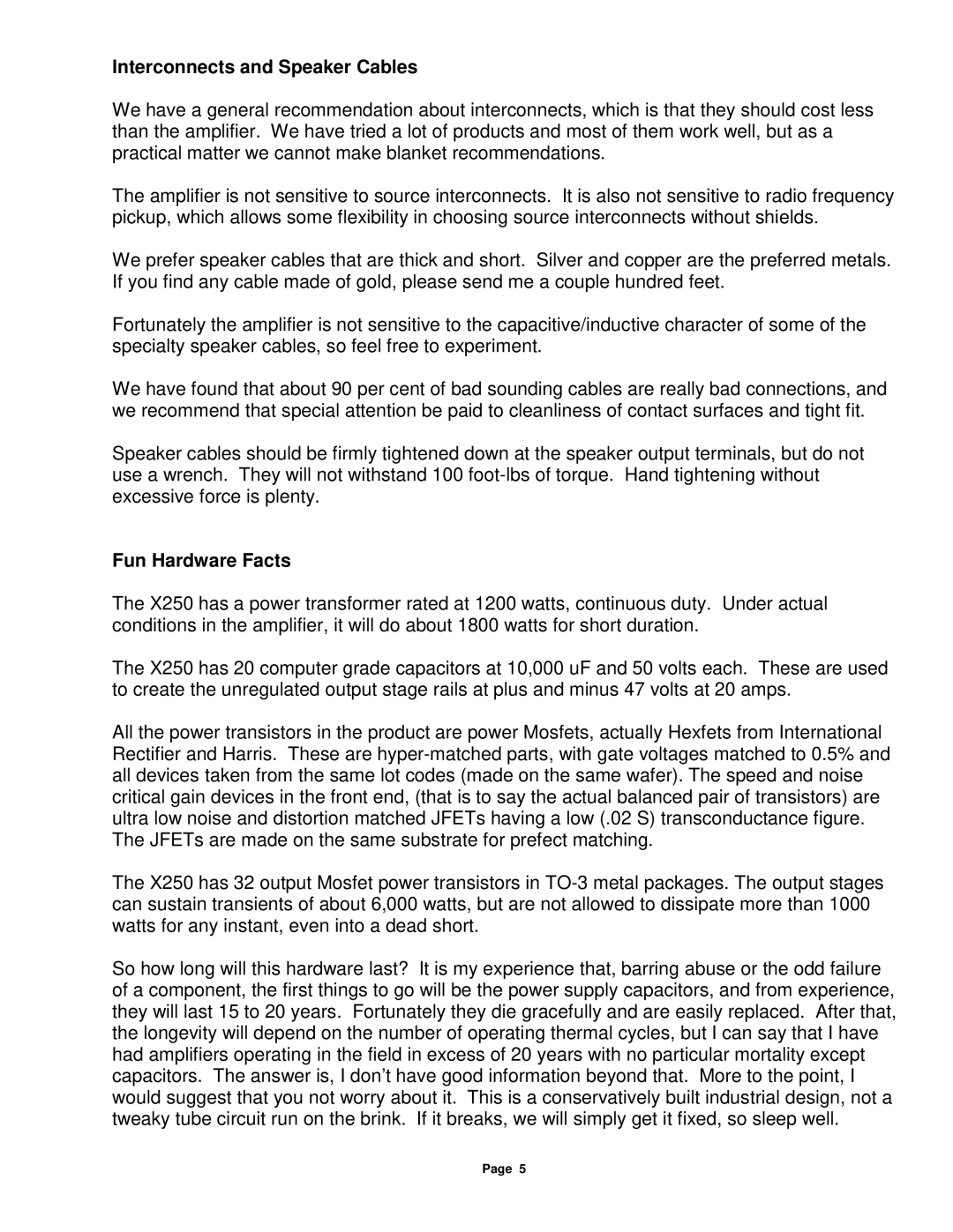 Pass Labs X250 owner manual Interconnects and Speaker Cables, Fun Hardware Facts 