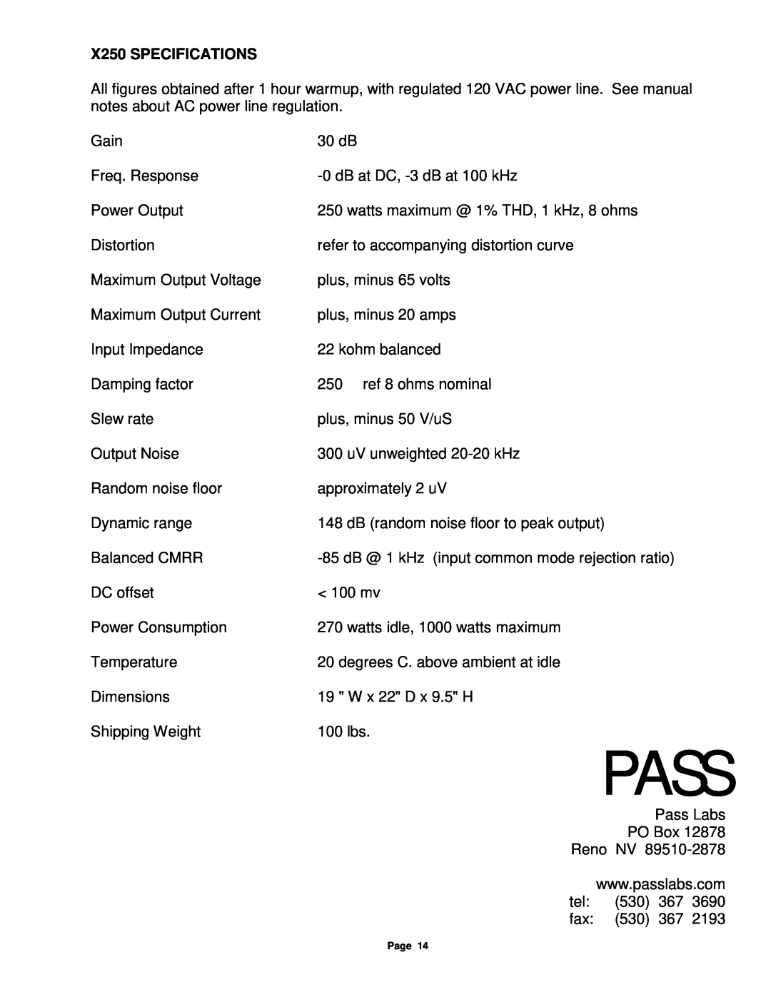 Pass Labs owner manual X250 SPECIFICATIONS, Pass 