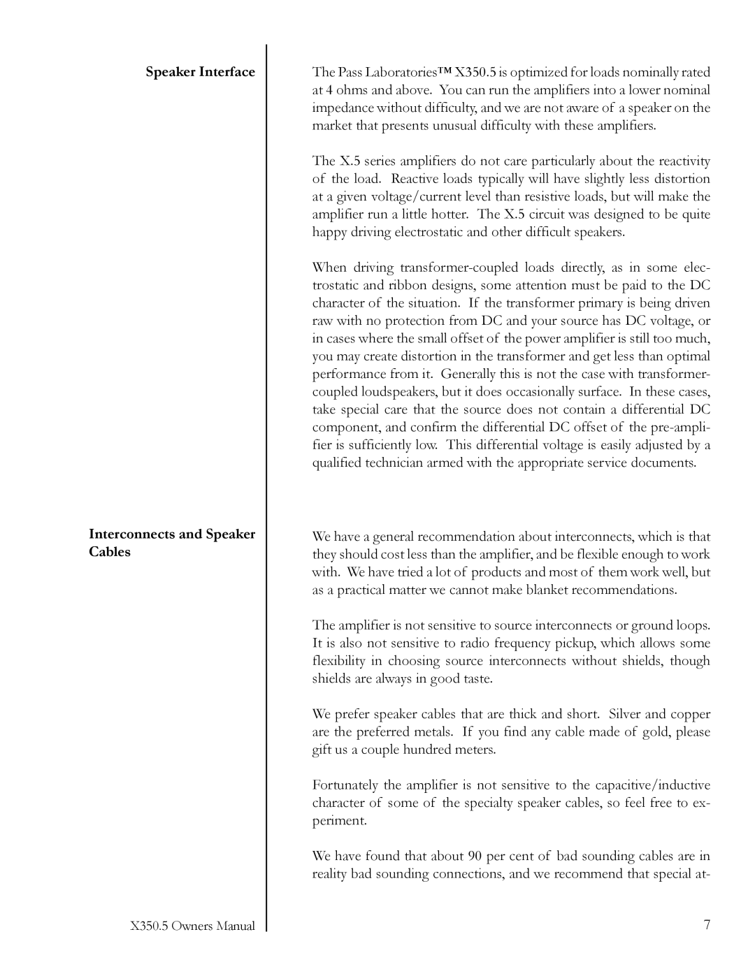 Pass Labs X350.5 owner manual Speaker Interface Interconnects and Speaker Cables 