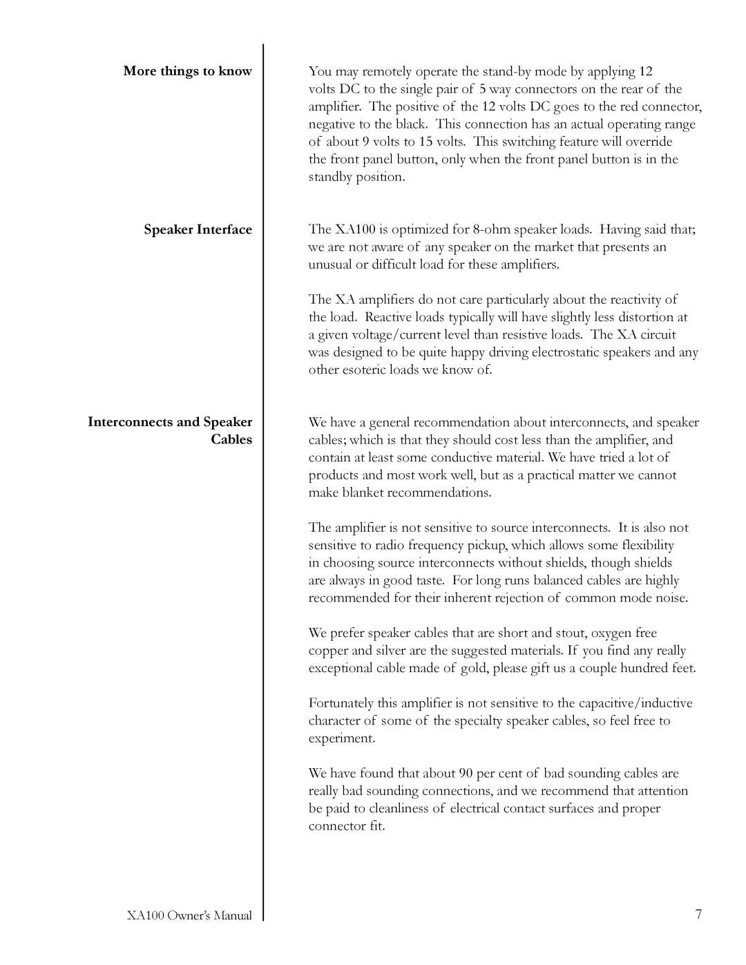 Pass Labs XA100 owner manual More things to know Speaker Interface 