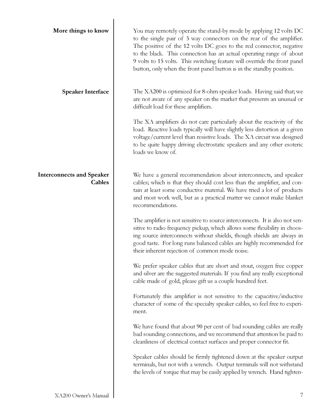 Pass Labs XA200 owner manual More things to know Speaker Interface, Interconnects and Speaker Cables 