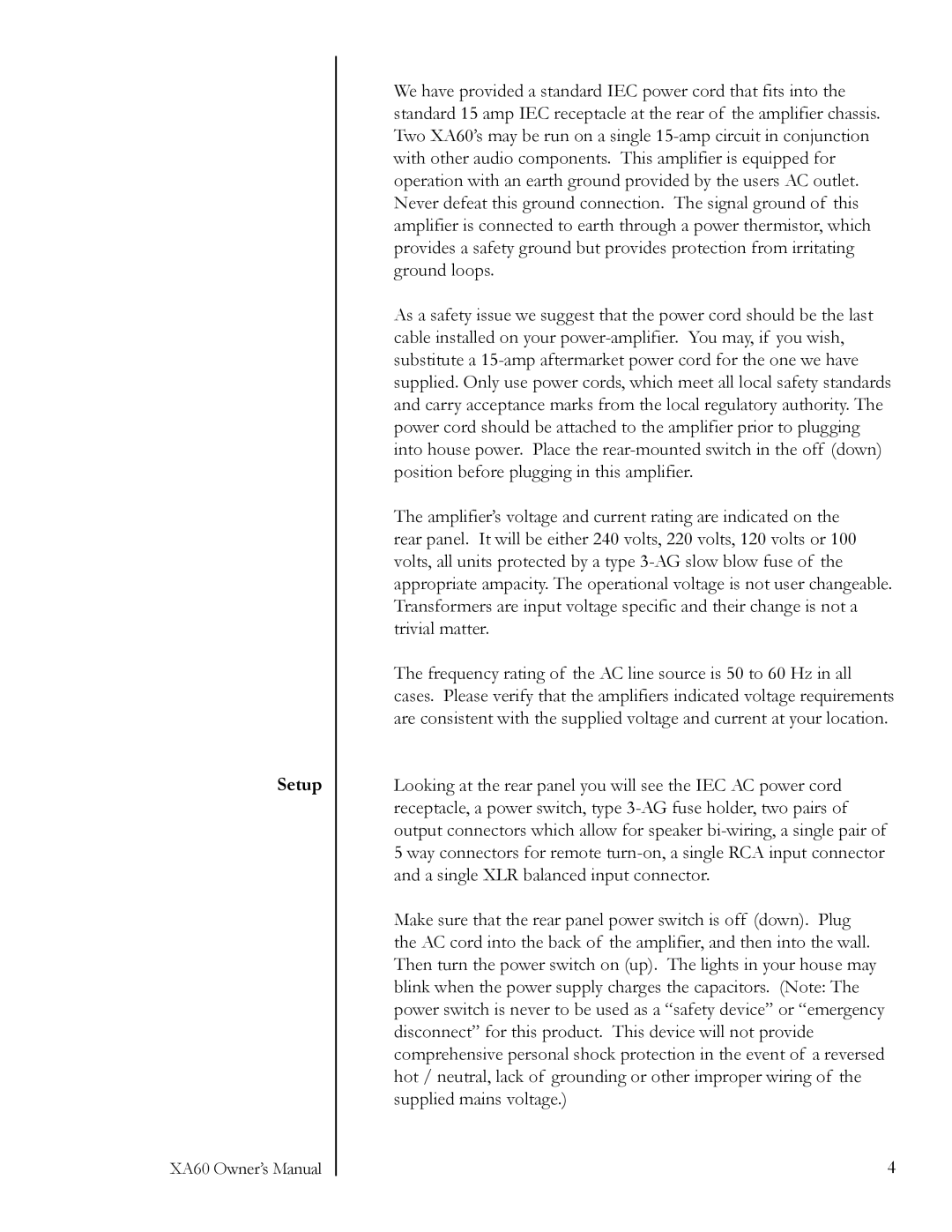 Pass Labs XA60 owner manual Setup 