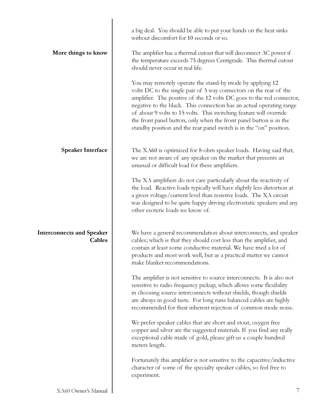 Pass Labs XA60 owner manual More things to know Speaker Interface 