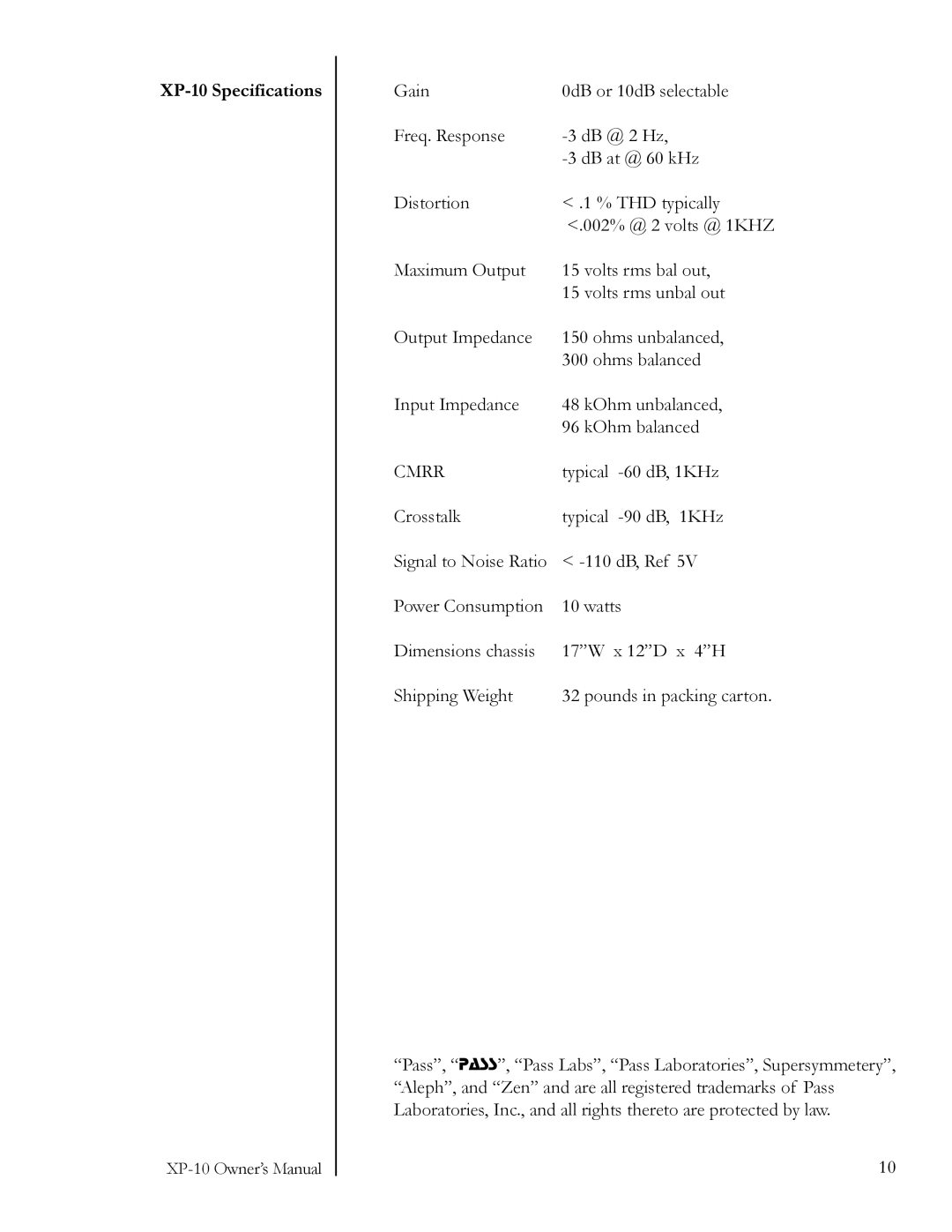 Pass Labs owner manual XP-10 Specifications, Cmrr 