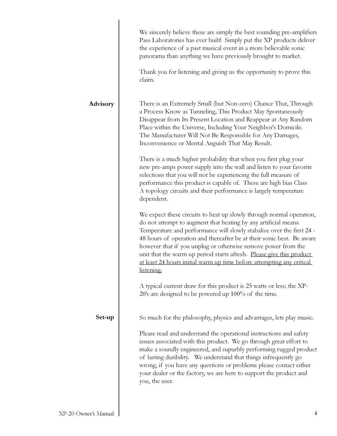 Pass Labs XP-20 owner manual Advisory Set-up 