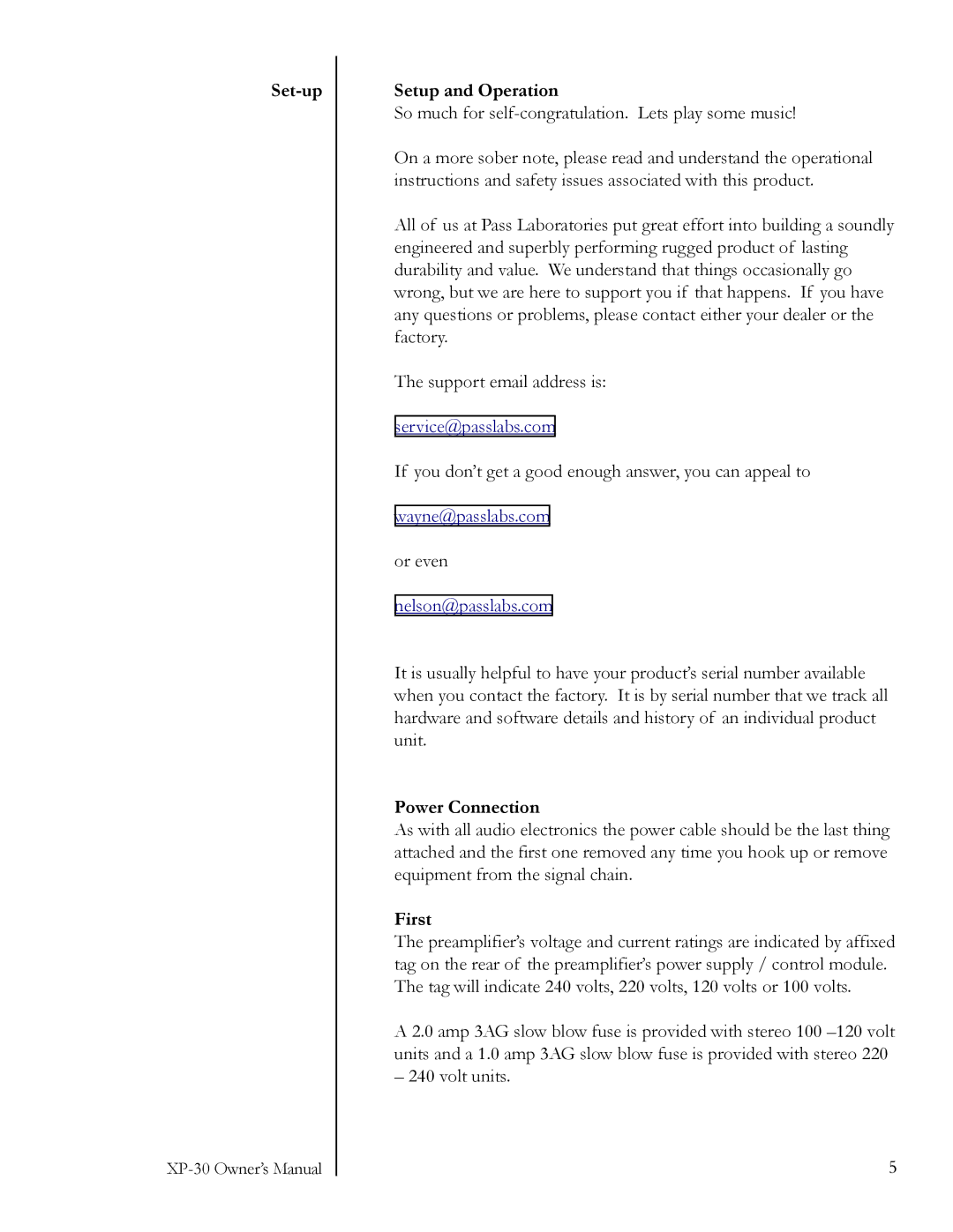 Pass Labs XP-30 owner manual Set-up Setup and Operation, Power Connection, First 