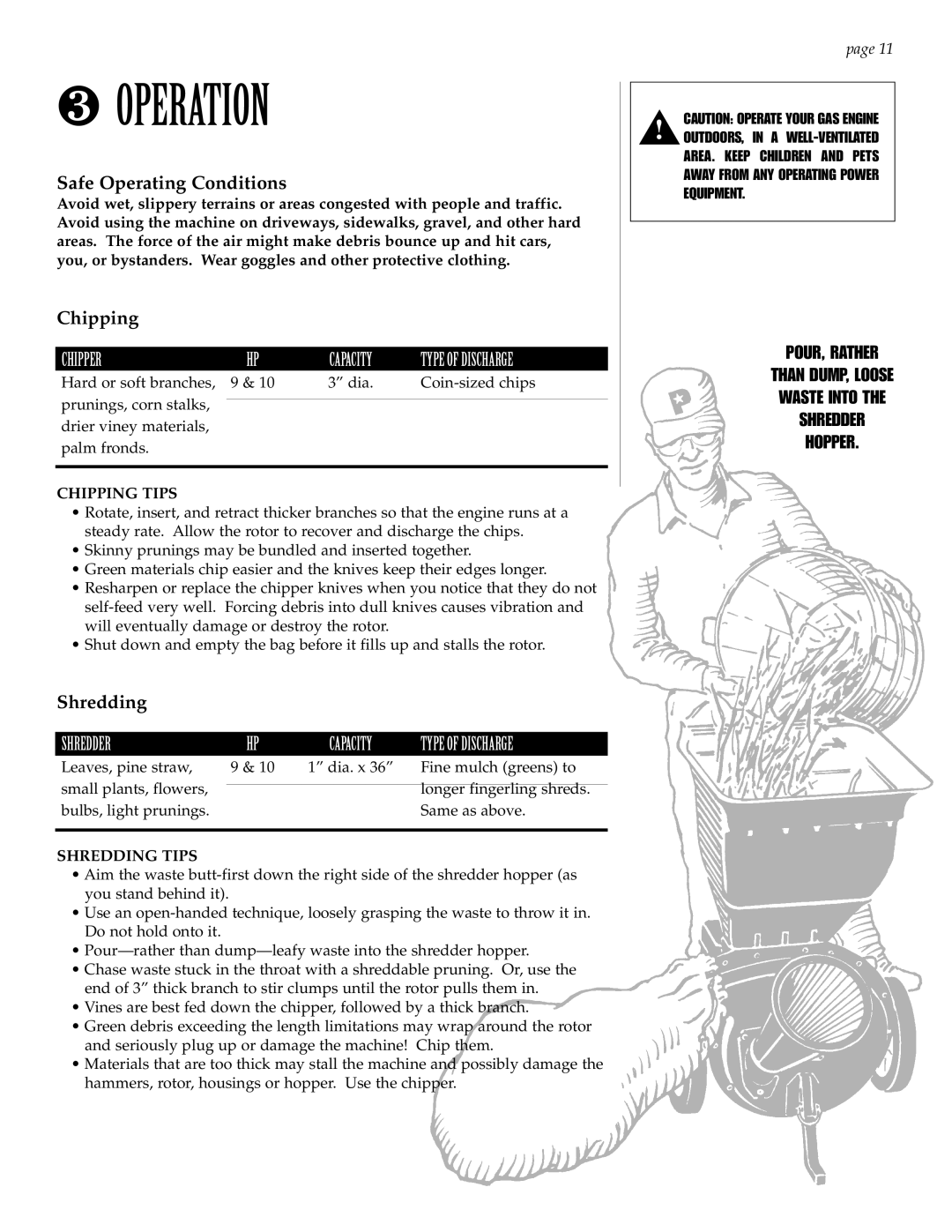 Patriot Products 10F-CSV manual ❸ Operation, Safe Operating Conditions, Chipping, Shredding 