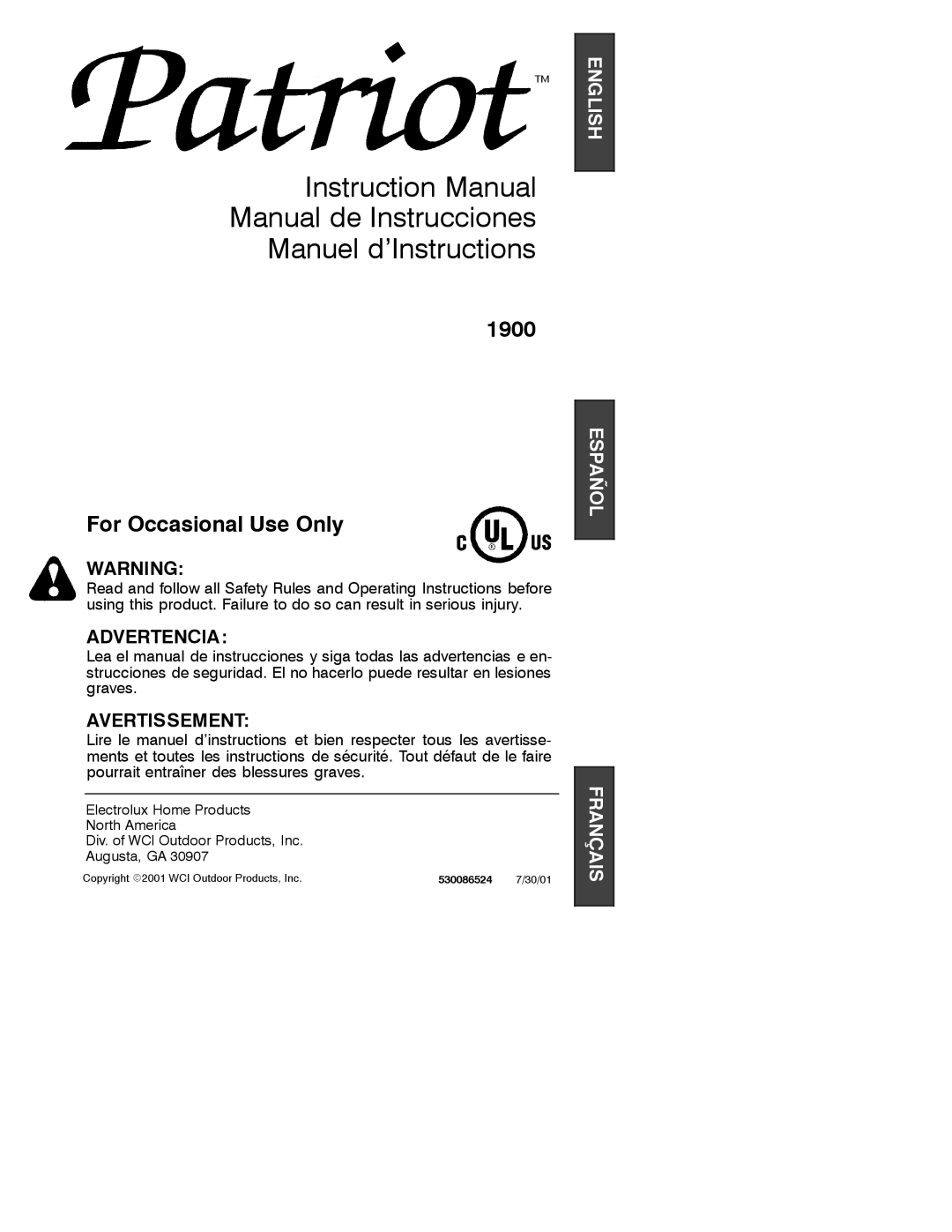 Patriot Products 1900 instruction manual Manual de Instrucciones Manuel d’Instructions 