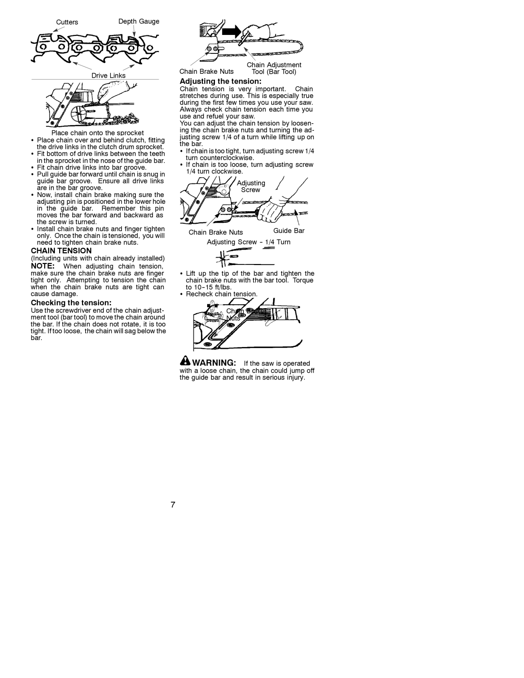 Patriot Products 1900 instruction manual Chain Tension, Checking the tension, Adjusting the tension 