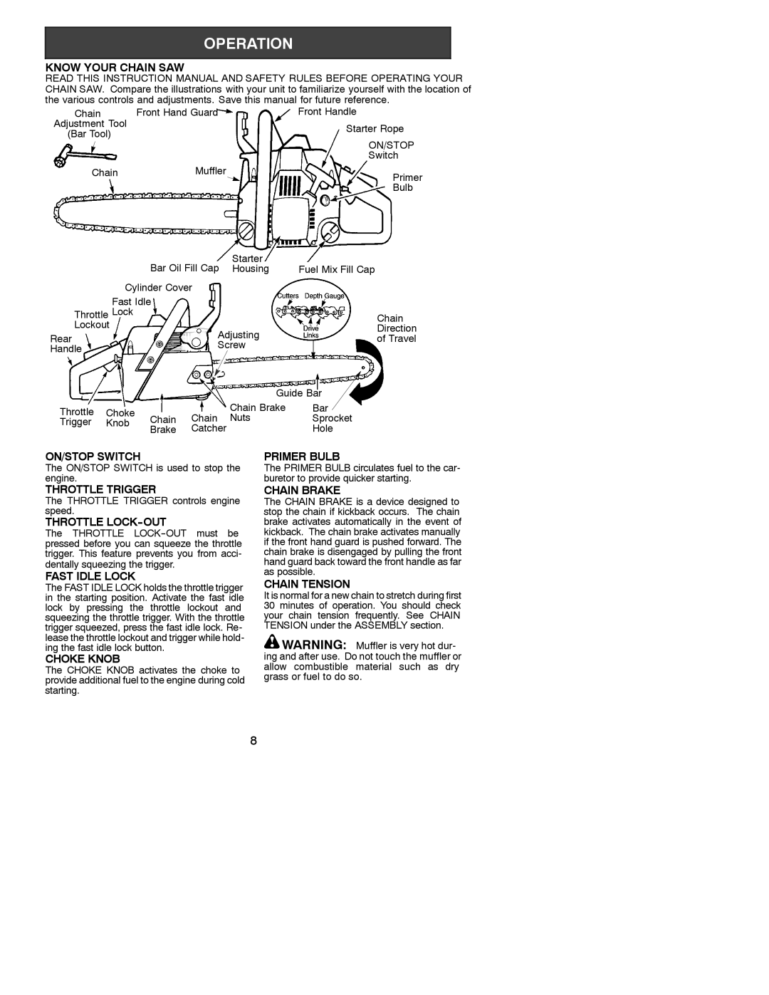 Patriot Products 1900 Know Your Chain SAW, ON/STOP Switch, Throttle Trigger, Throttle LOCK-OUT, Fast Idle Lock, Choke Knob 