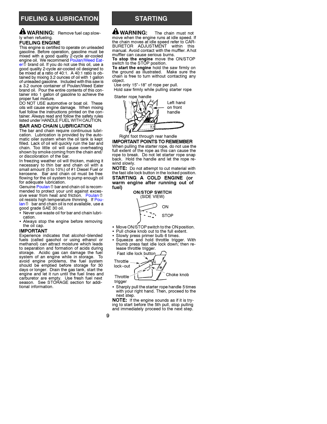 Patriot Products 1900 instruction manual Fueling Engine, BAR and Chain Lubrication, Important Points to Remember 