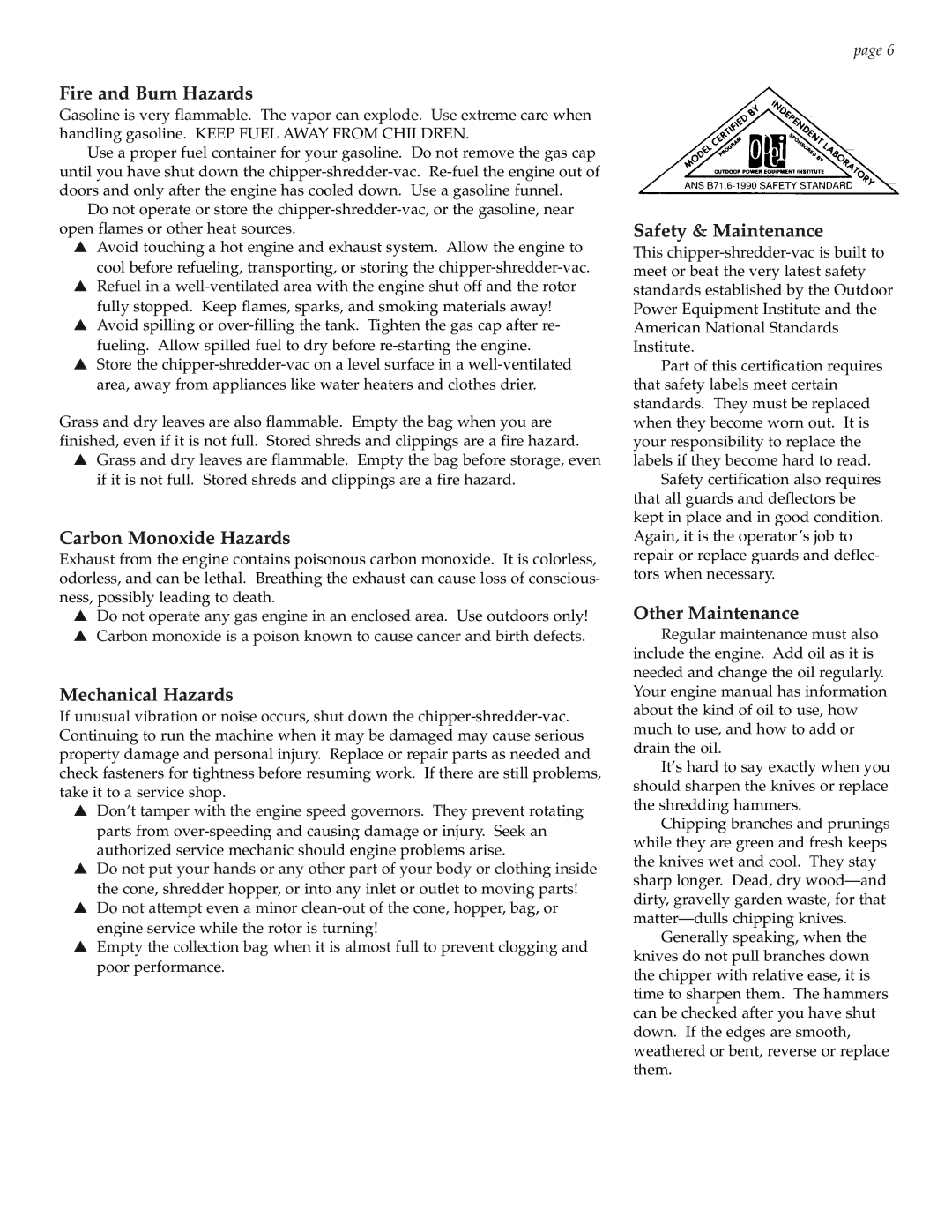 Patriot Products 5F, 6F, 8F, 10F Fire and Burn Hazards, Carbon Monoxide Hazards, Mechanical Hazards, Safety & Maintenance 