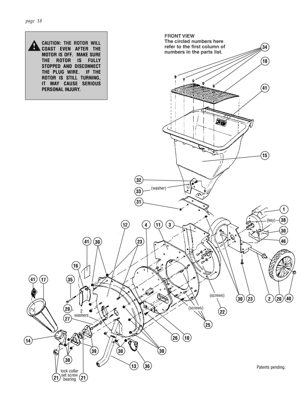 Patriot Products Electric Motors manual page, Caution The Rotor Will, Front View, 12 4, 1 key, 3030, 29 2 washers, screws 