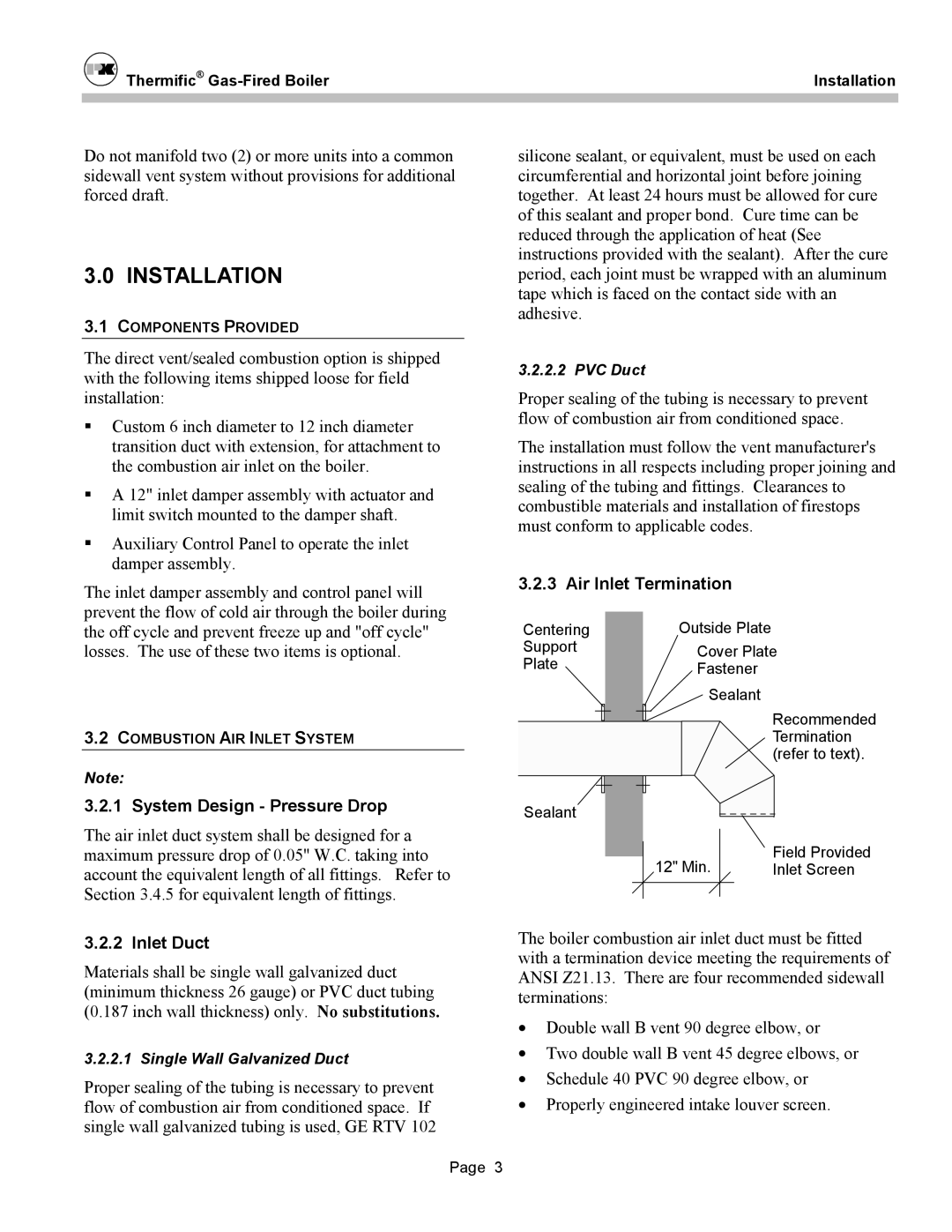 Patterson-Kelley DVSCM-02 owner manual Installation, System Design Pressure Drop, Inlet Duct, Air Inlet Termination 