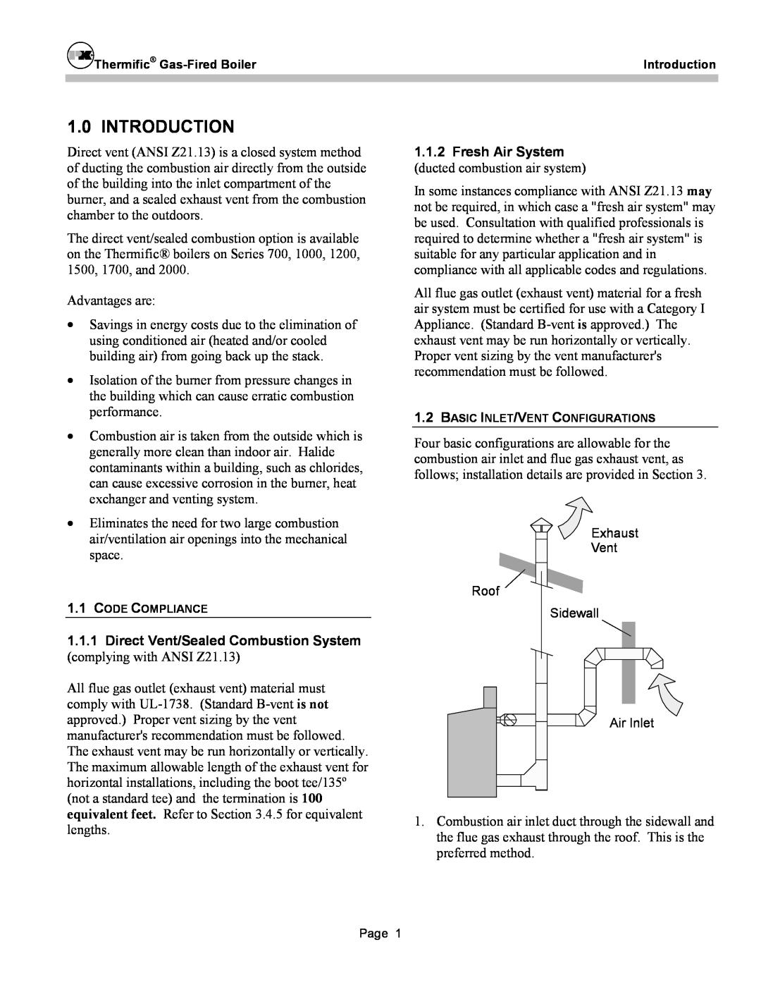 Patterson-Kelley DVSCM-02 owner manual Introduction, 1.1.1Direct Vent/Sealed Combustion System, 1.1.2Fresh Air System 