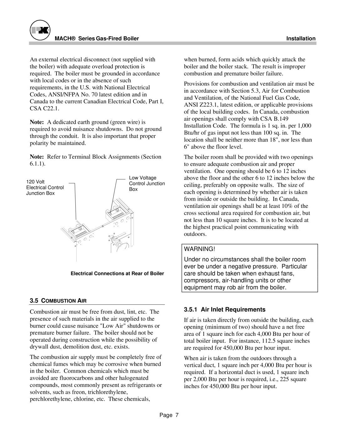 Patterson-Kelley MACH-05 manual Air Inlet Requirements, Electrical Connections at Rear of Boiler 