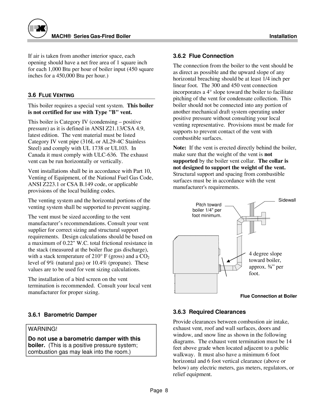 Patterson-Kelley MACH-05 manual Required Clearances, Flue Connection at Boiler 