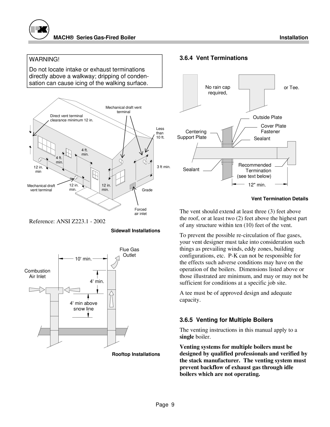 Patterson-Kelley MACH-05 Vent Terminations, Venting for Multiple Boilers, Vent Termination Details, Sidewall Installations 