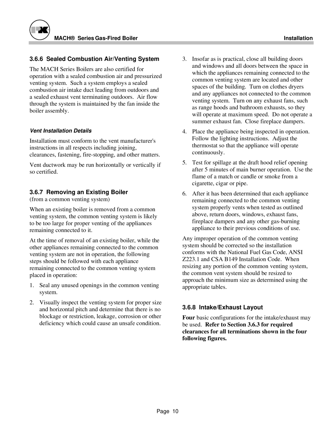 Patterson-Kelley MACH-05 manual Sealed Combustion Air/Venting System, Removing an Existing Boiler, Intake/Exhaust Layout 