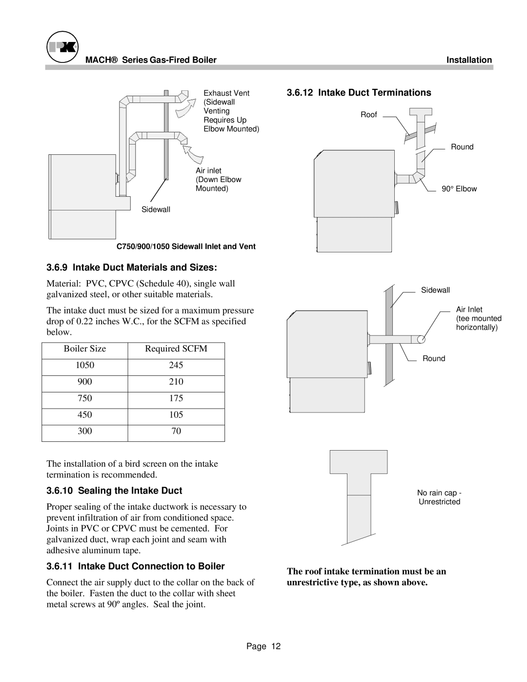 Patterson-Kelley MACH-05 manual Intake Duct Terminations, Intake Duct Materials and Sizes, Sealing the Intake Duct 